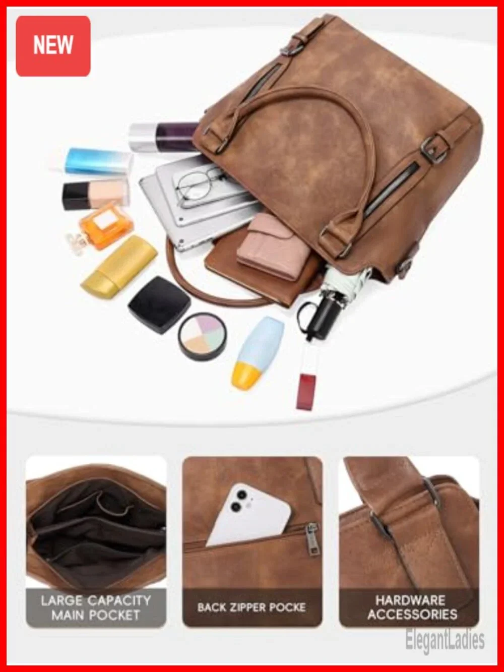 Large Vegan Leather Hobo Bag with Multiple Pockets, Water Repellent, Adjustable